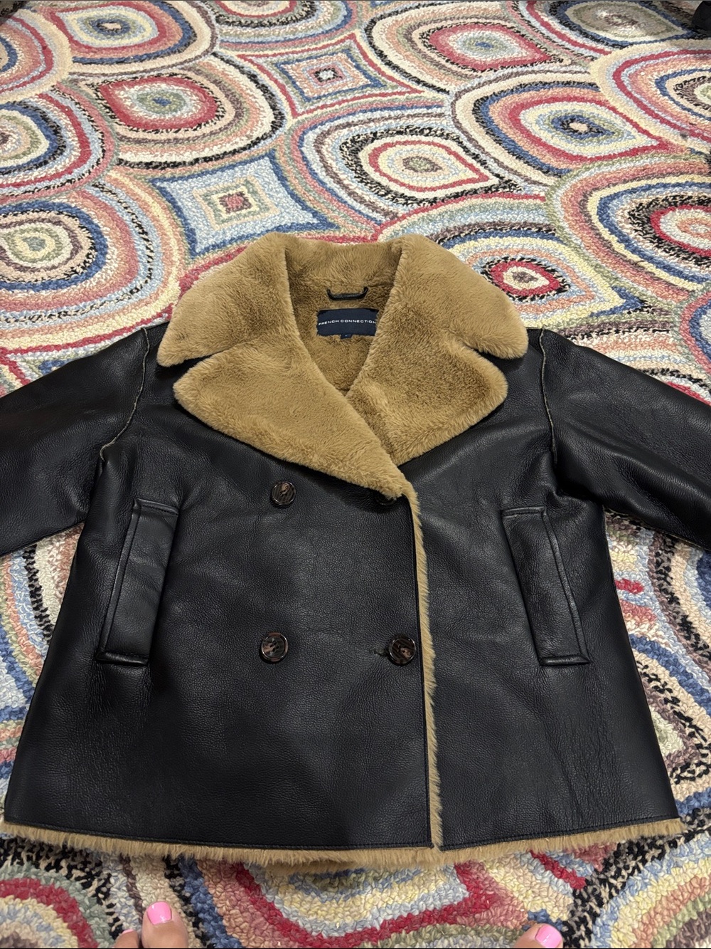 French connection  Black Leather Shearling Coat with Tan Fur Collar